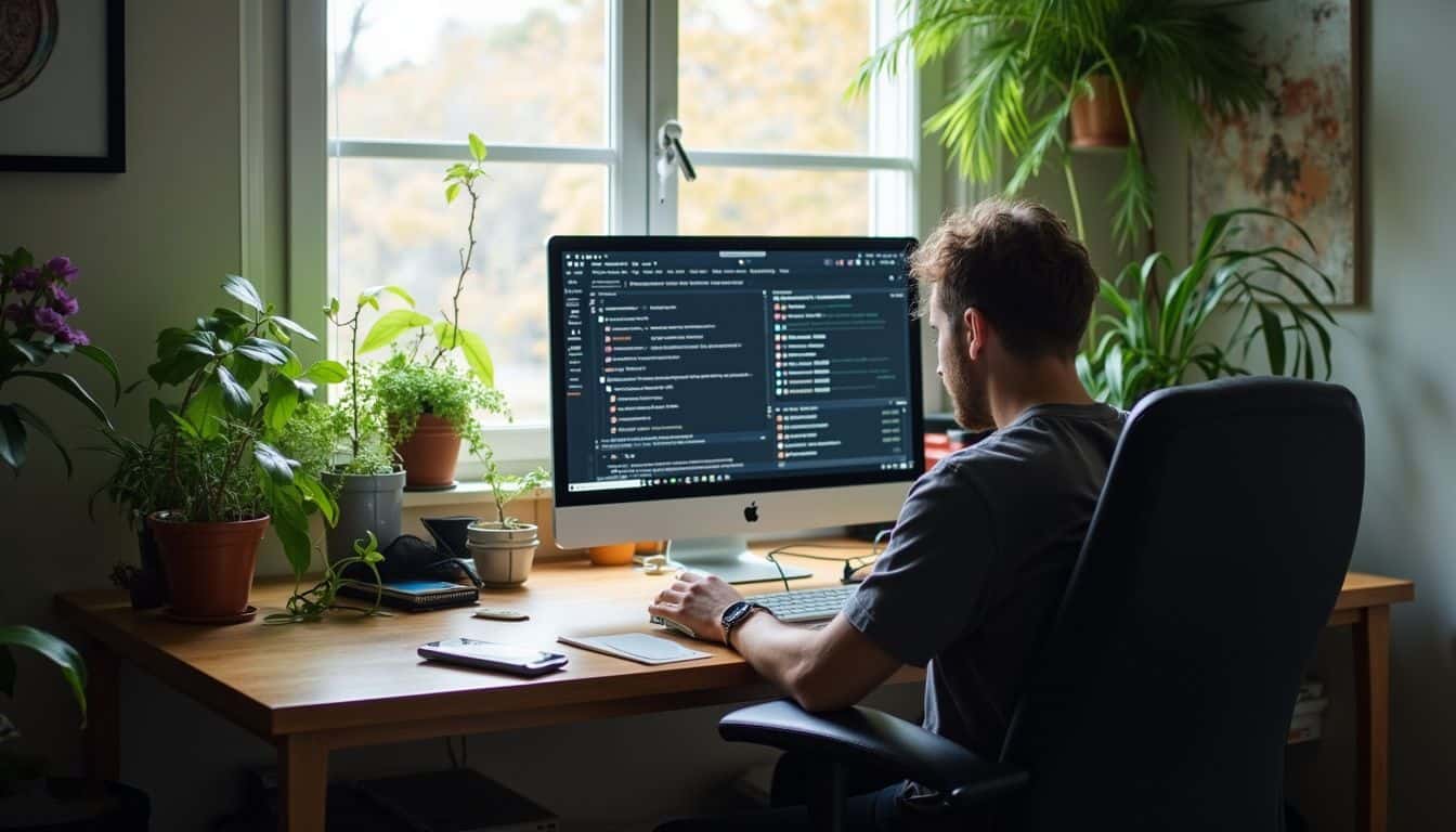 A casual home office features a person working on a computer with houseplants and a slightly cluttered desk.