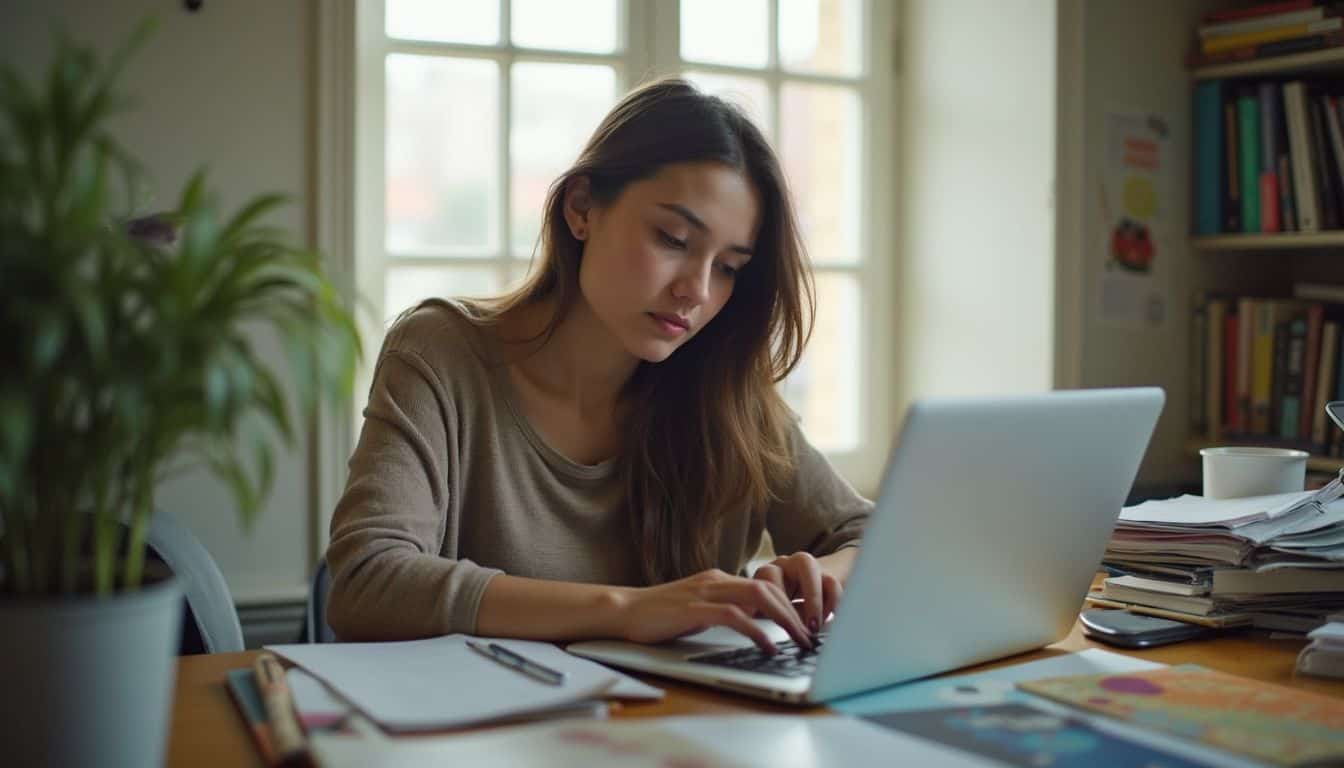 A tired woman in her thirties works at a cluttered desk, focused on learning about cryptocurrency.