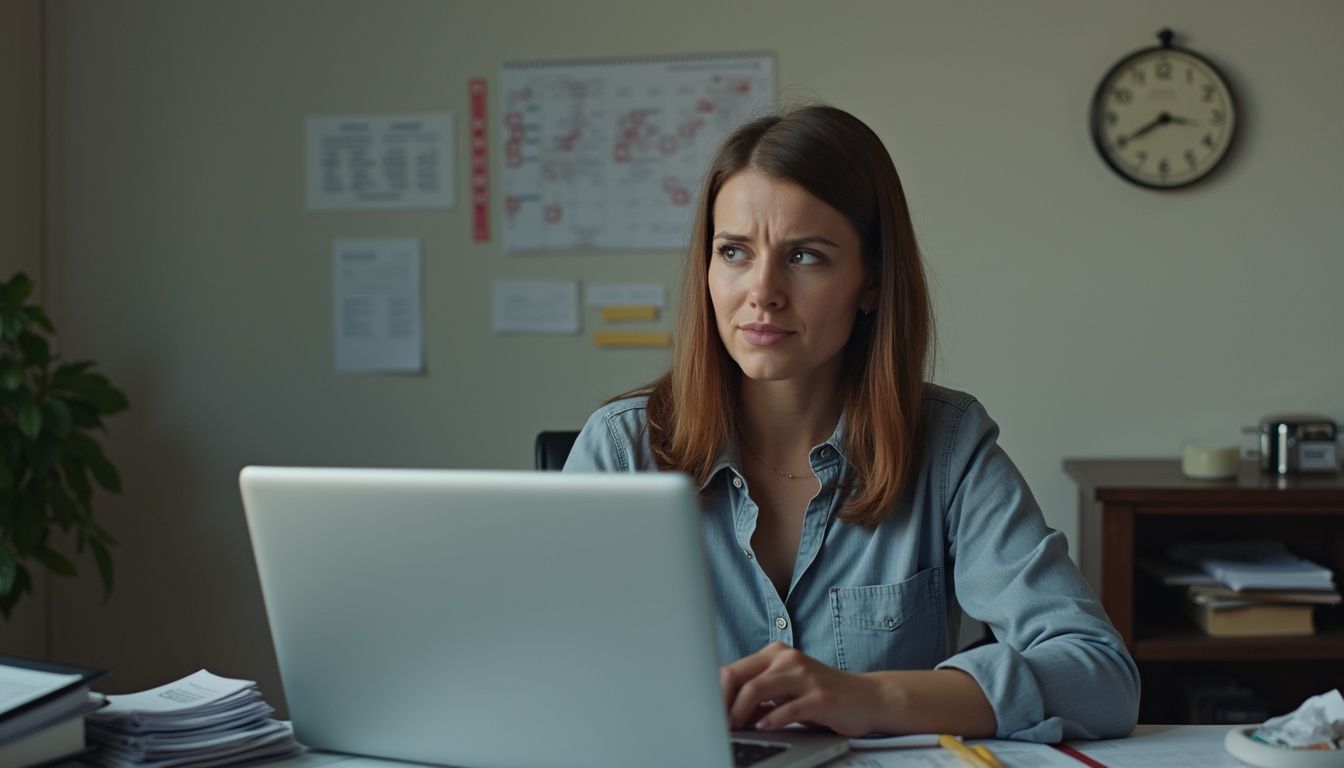 Woman glancing at a calendar while bills cover a small desk.