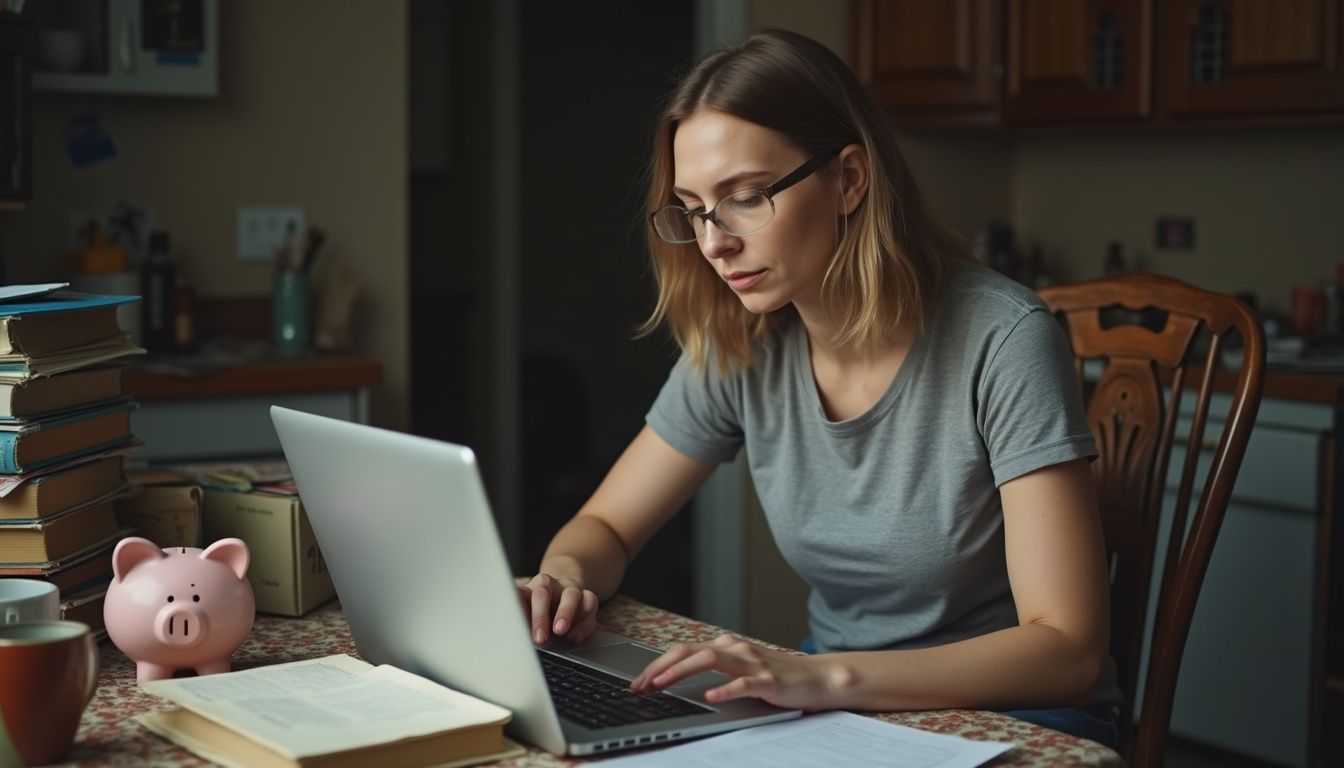 Woman focusing on savings goals on a laptop at her kitchen table.