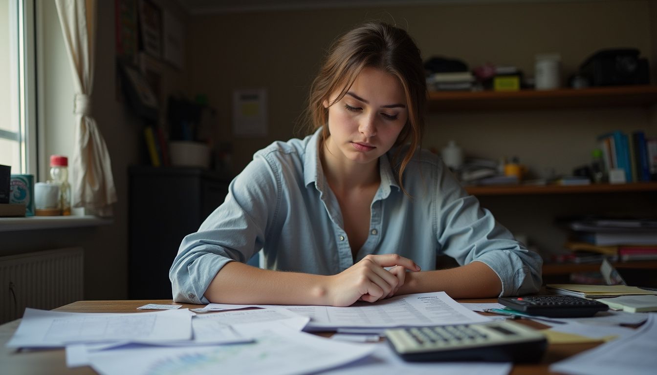 Woman reviewing savings goals and bills at a home desk.