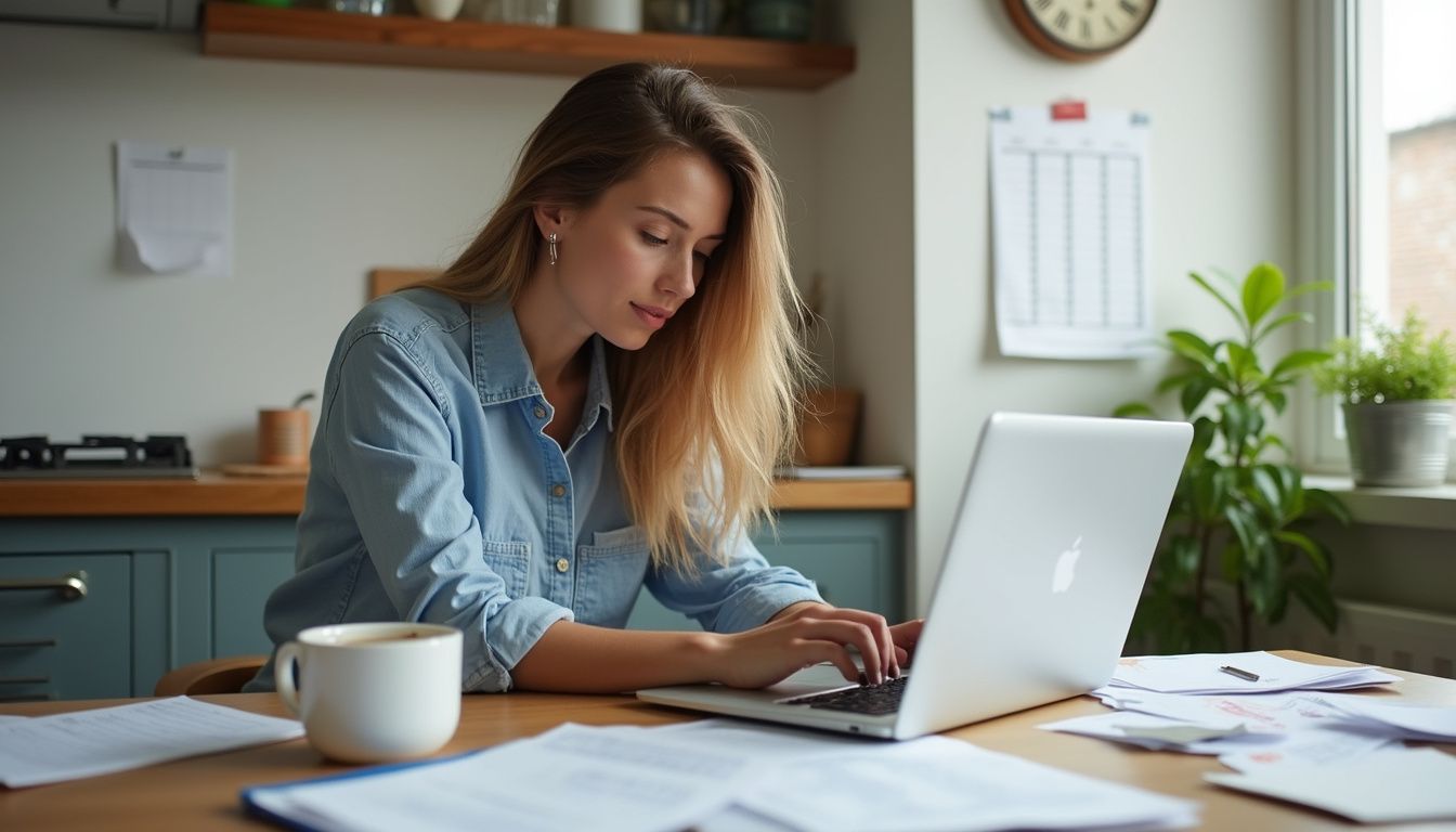 Woman focusing on a budget spreadsheet at a kitchen table with coffee.