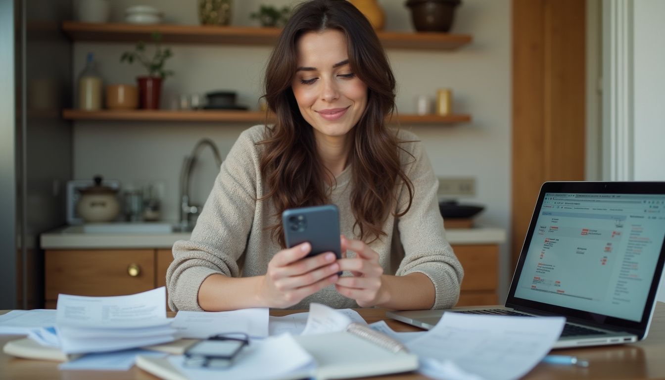 Woman updating her budget and bills at a messy kitchen table.