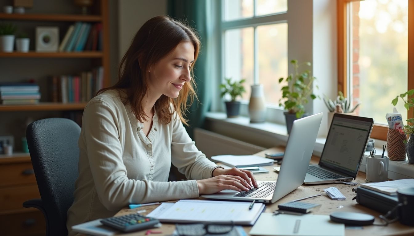 Woman planning how to use an extra paycheck at a home desk.