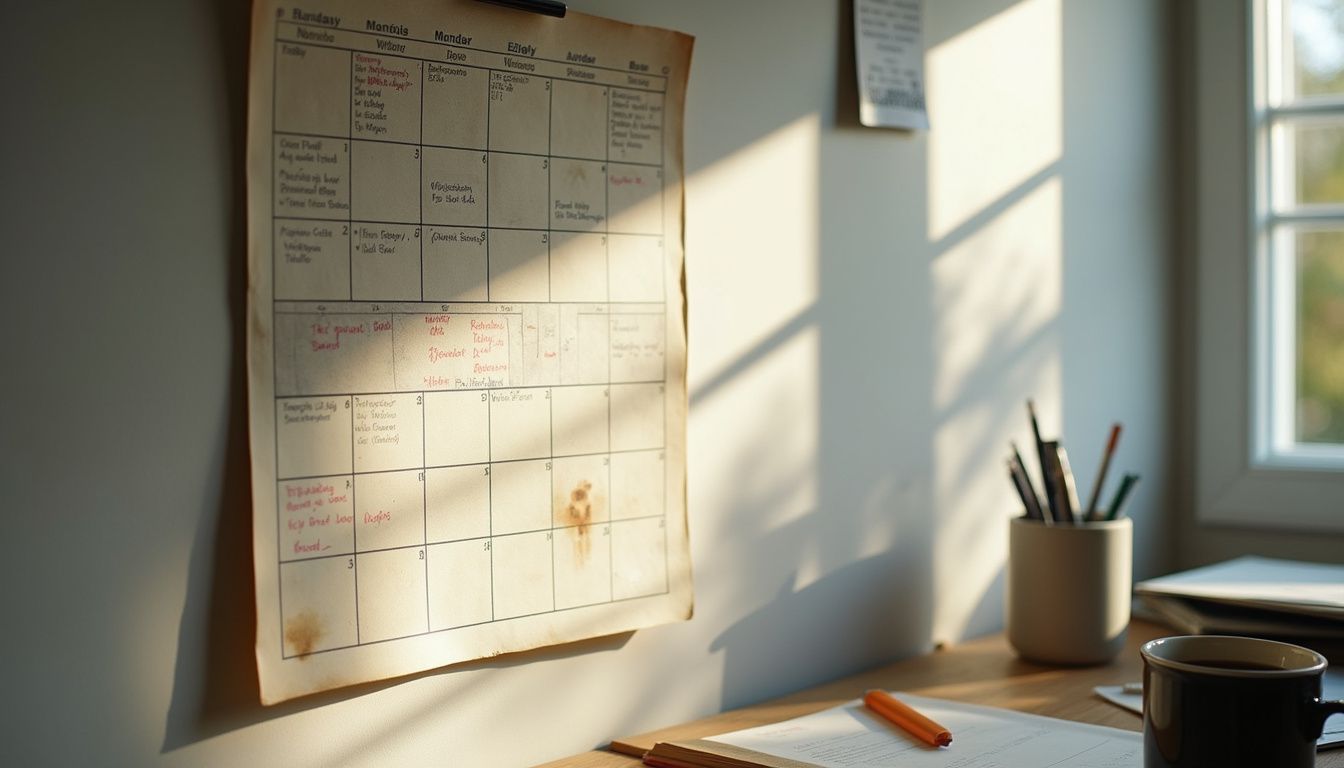 Wall calendar with colorful notes and due dates in a home office.