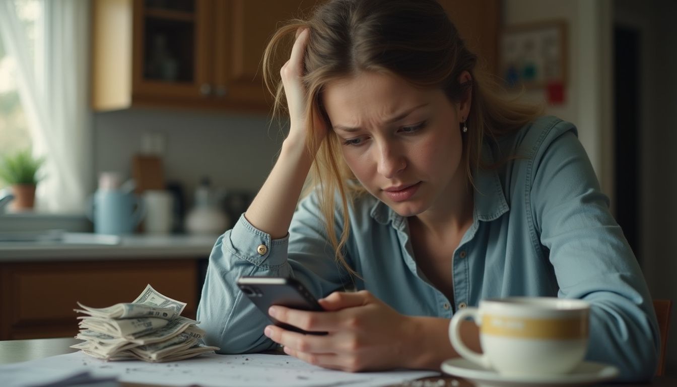 Tired woman glancing at her phone while bills sit on the table.