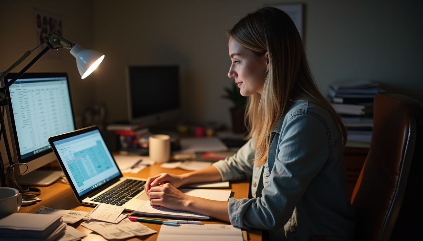 Woman sorting bills and typing in a budget app at a home desk.
