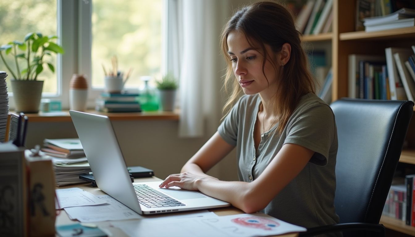 Woman reviewing a budget spreadsheet on a laptop at a home desk.