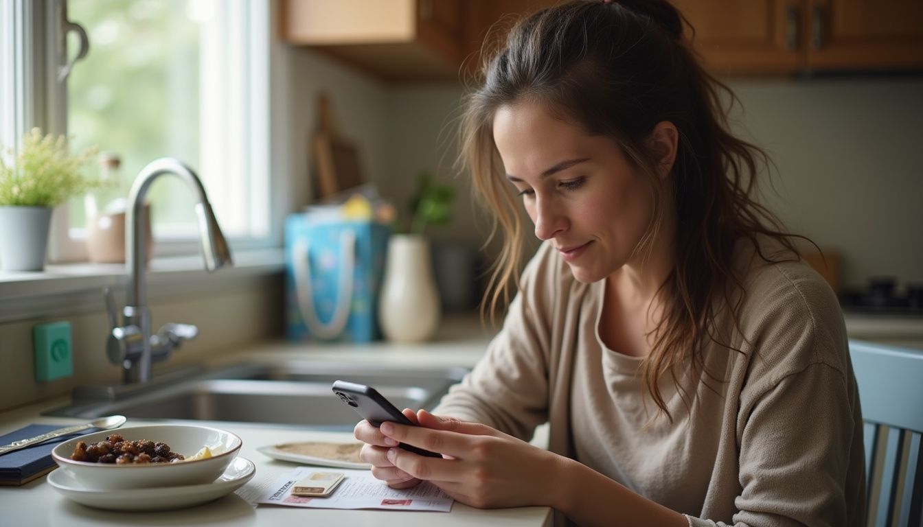 Woman managing her budget on a phone while sorting bills in the kitchen.