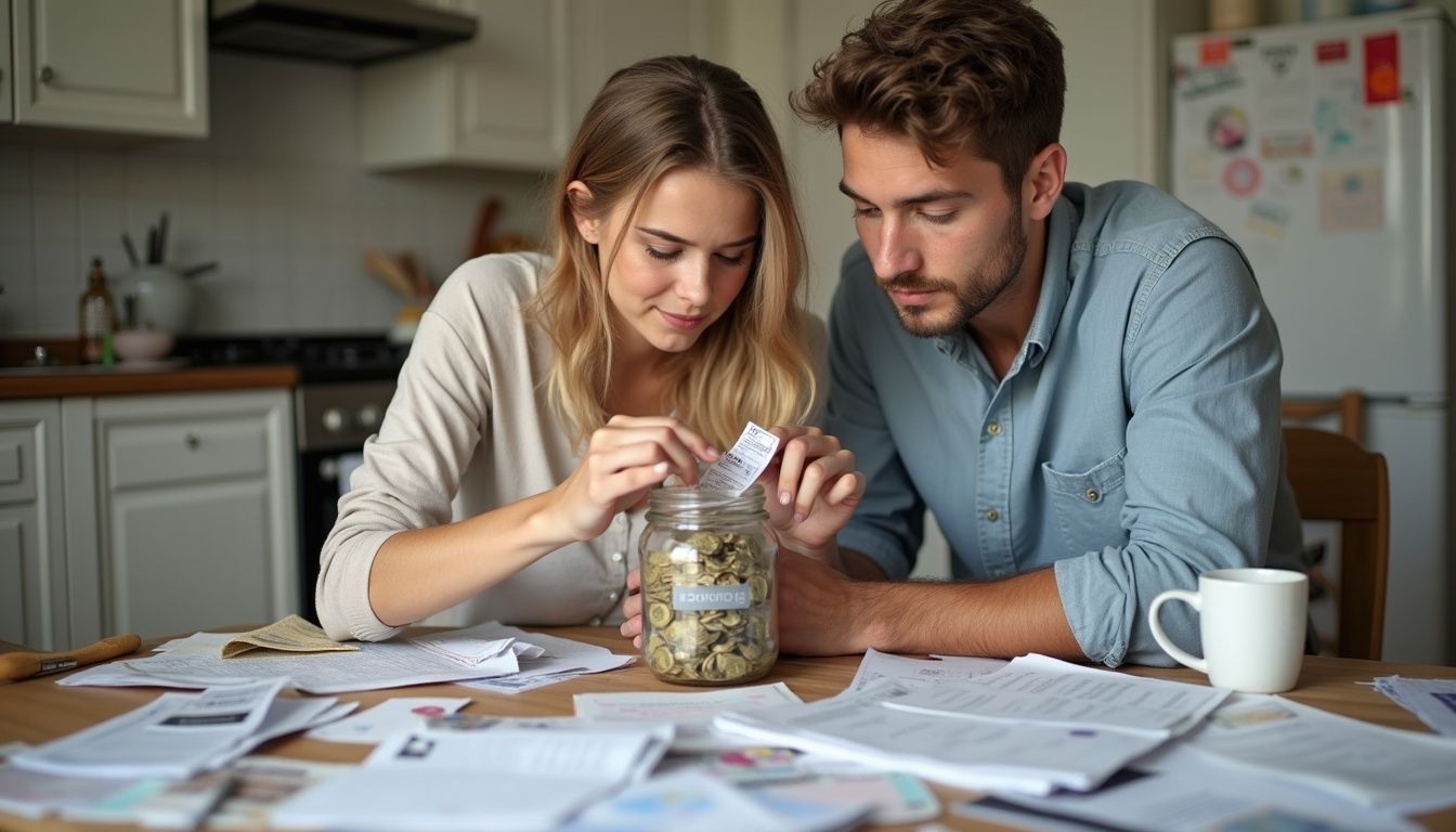Couple tallying savings and bills at a kitchen table.