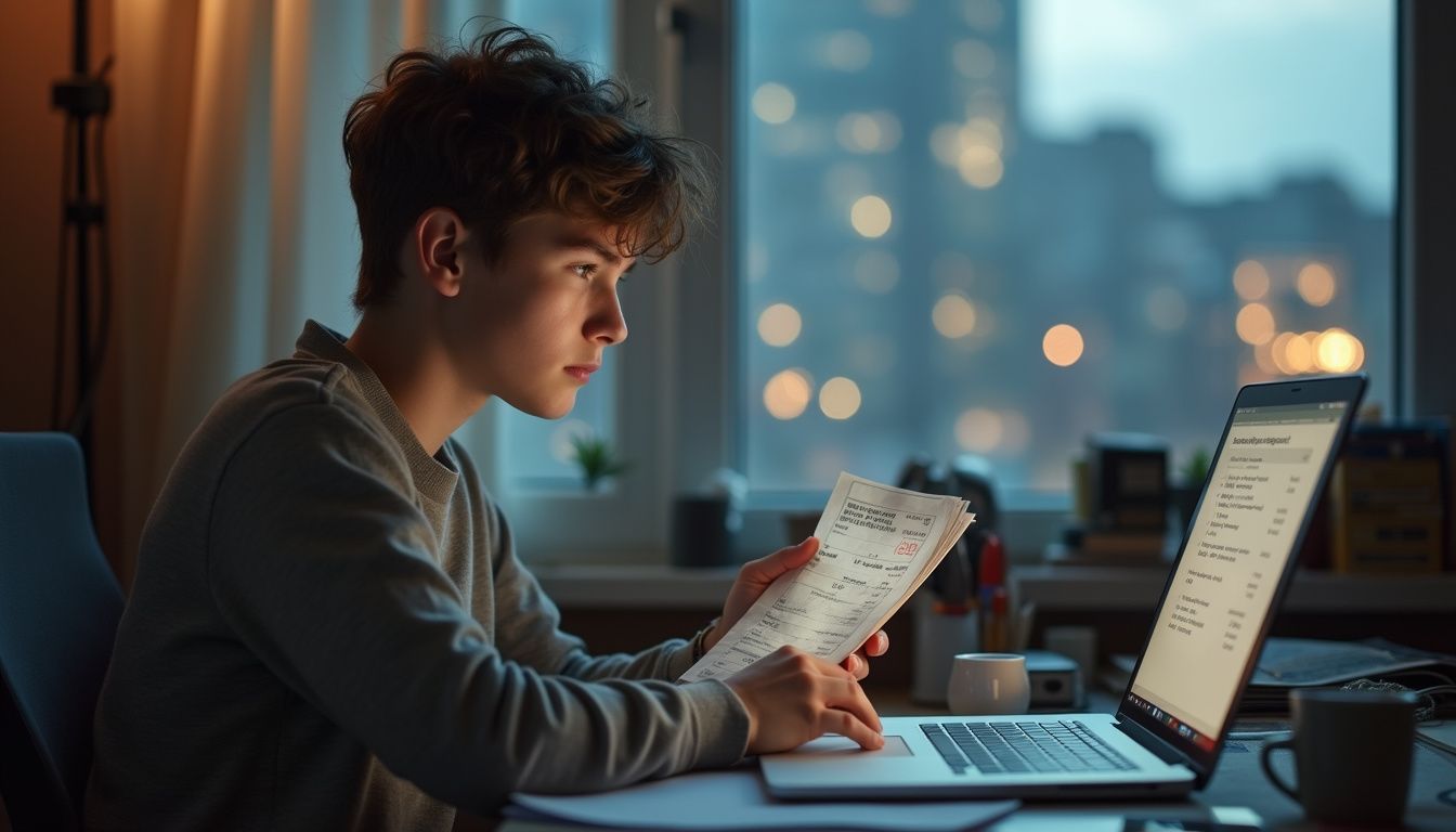 Young adult holding a paycheck while reviewing balances at a desk.