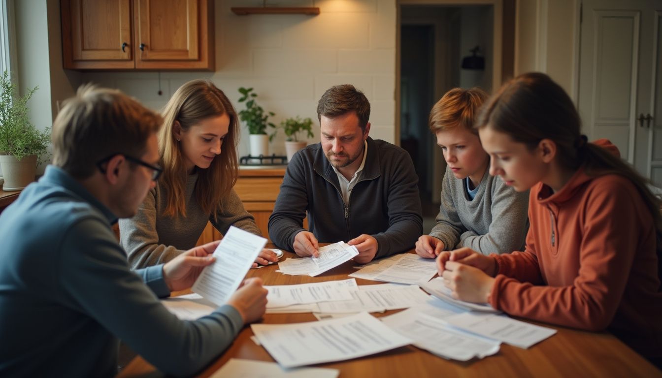 Family sorting bills and receipts at the kitchen table.