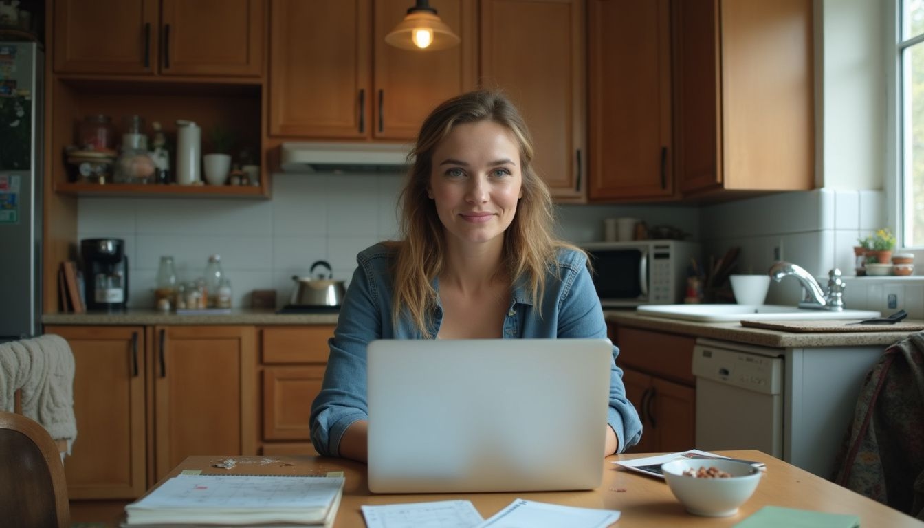 Woman reviewing bills on a laptop at a busy kitchen table.