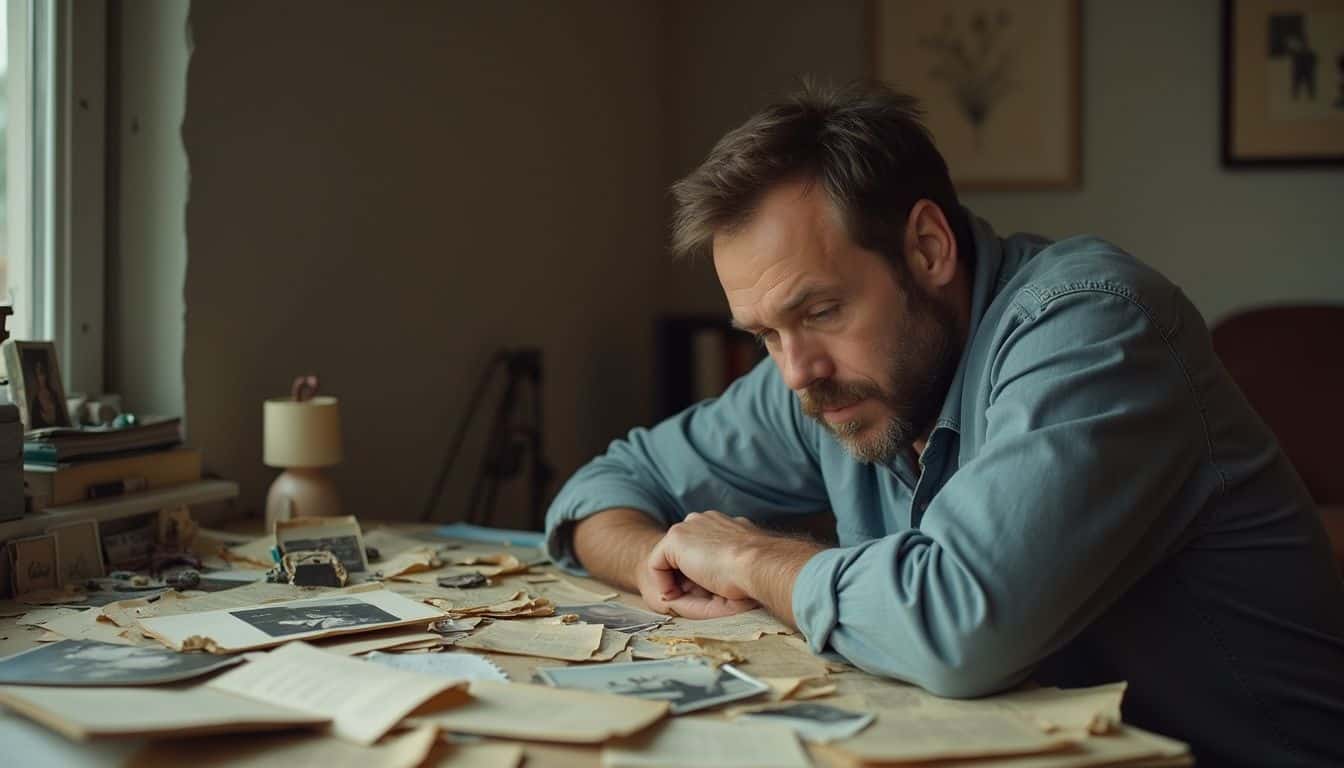 A man in his late 30s reflects on old letters and keepsakes at a cluttered table.
