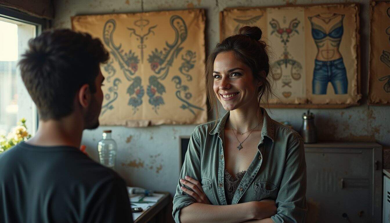 A woman chats with a tattoo artist in a cozy, cluttered tattoo studio.