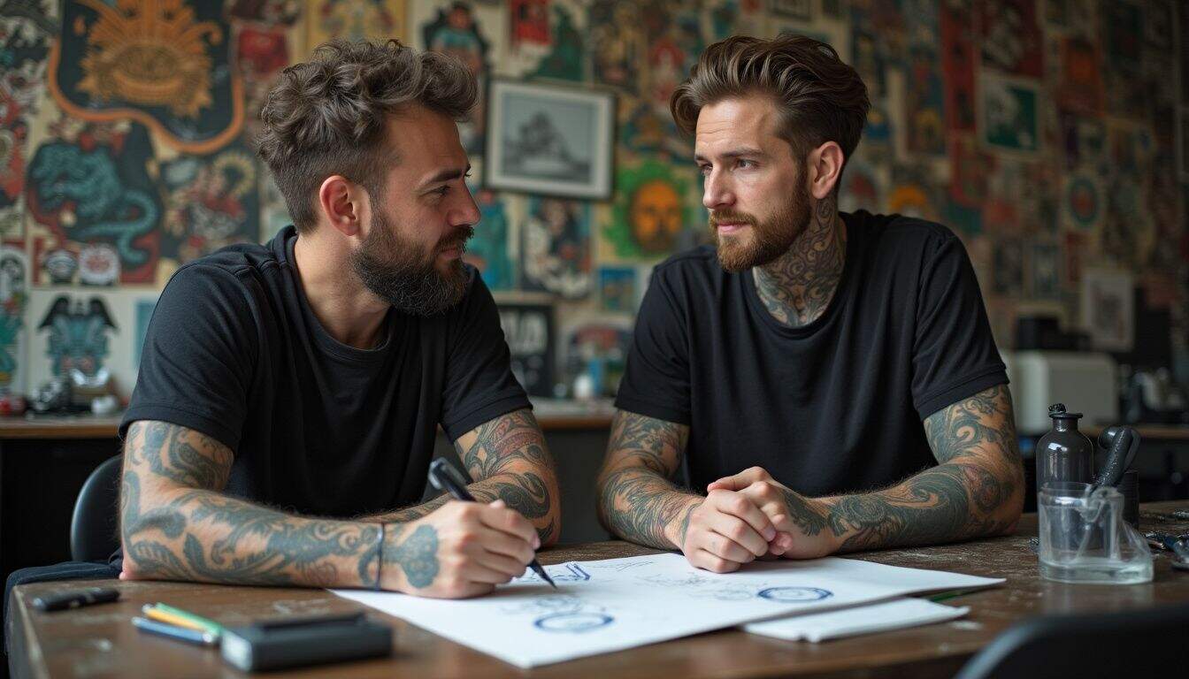 A guy in his 30s casually chats with a tattoo artist in a cluttered tattoo studio.
