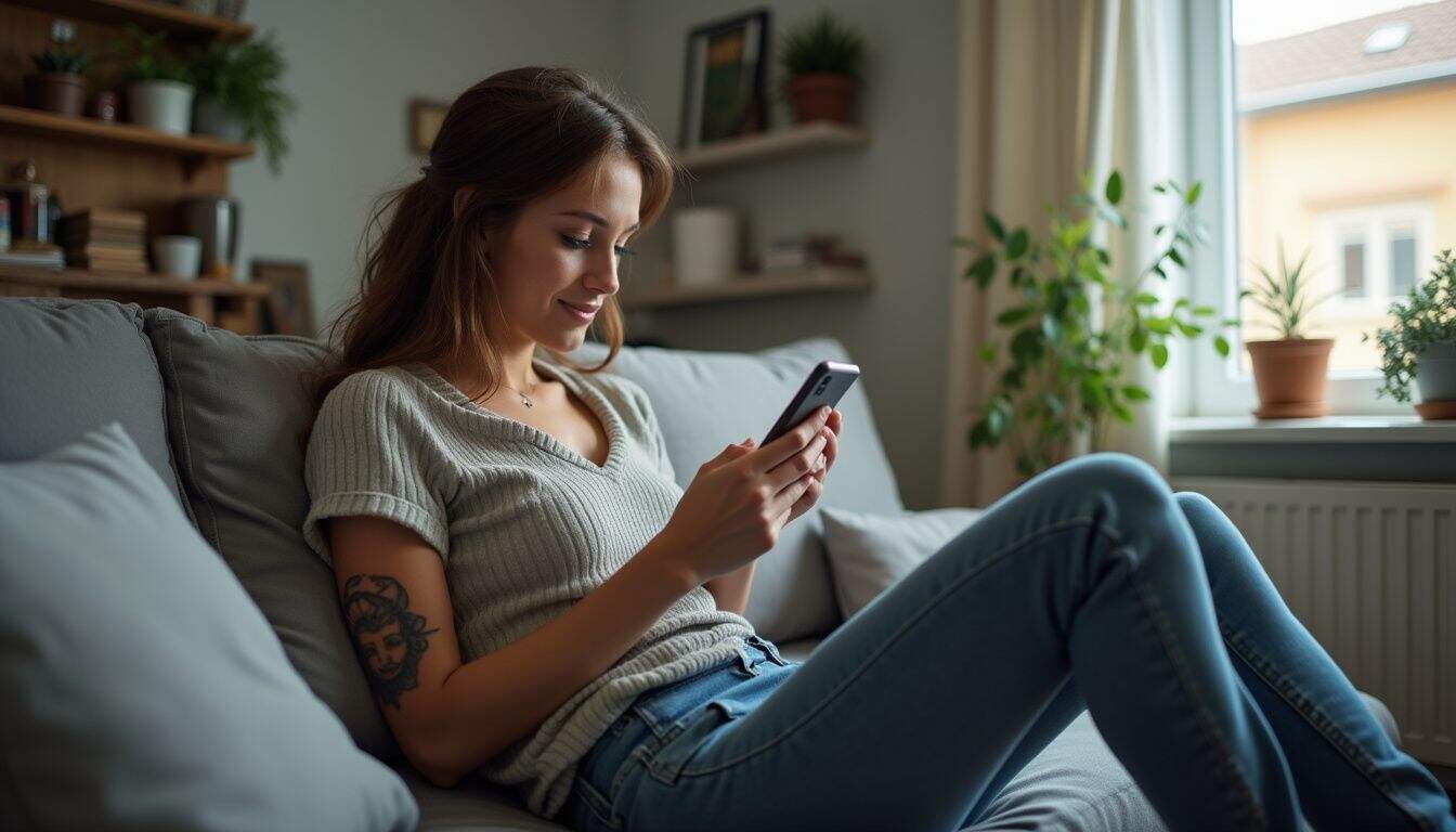 A woman in her 30s sits on a couch, casually browsing tattoo designs on her Android phone.