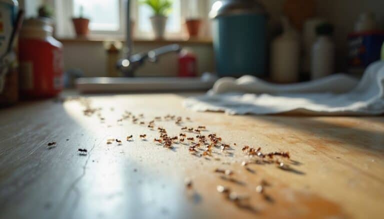 Ant trail on kitchen counter with sunlight, home kitchen scene, food prep or cleaning, busy household, natural light in kitchen, cluttered kitchen countertop, everyday kitchen activity, small insects in home, messy kitchen environment, household pest control.