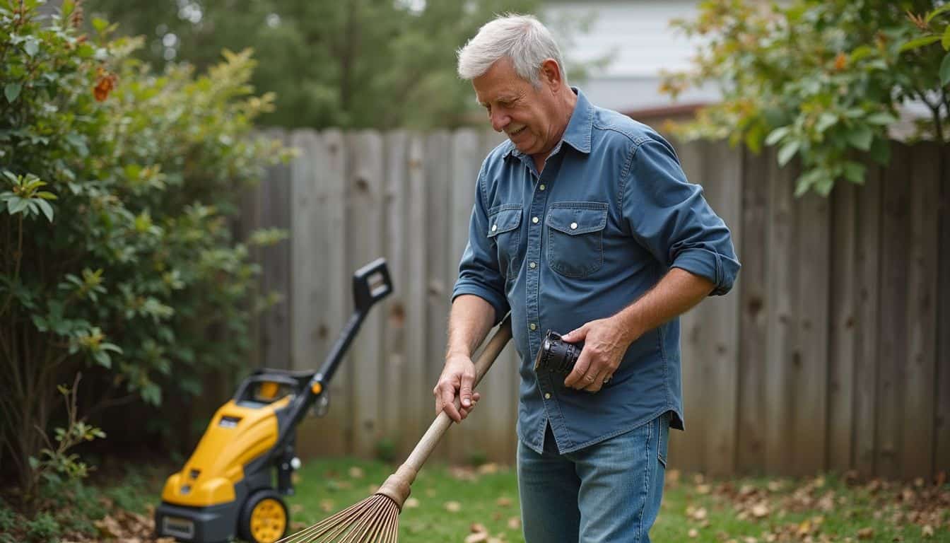 Yard cleanup with pressure washer and gardening tools on a lawn in a backyard, senior man enjoying outdoor chores, autumn season, gardening tips, outdoor maintenance, lawn care.