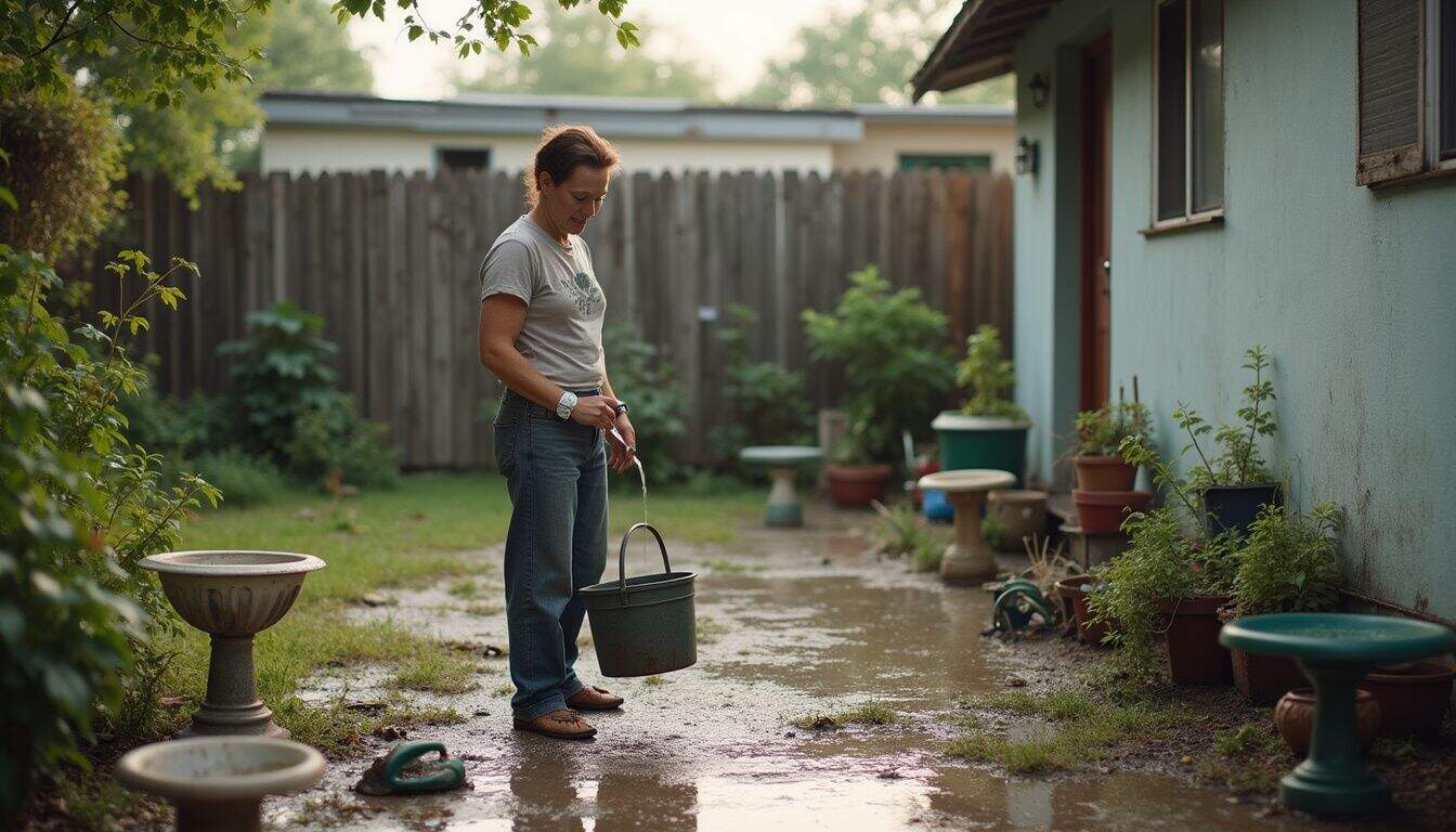 Watering plants in a garden on a rainy day, with potted plants along the house wall, creating a peaceful outdoor gardening scene.