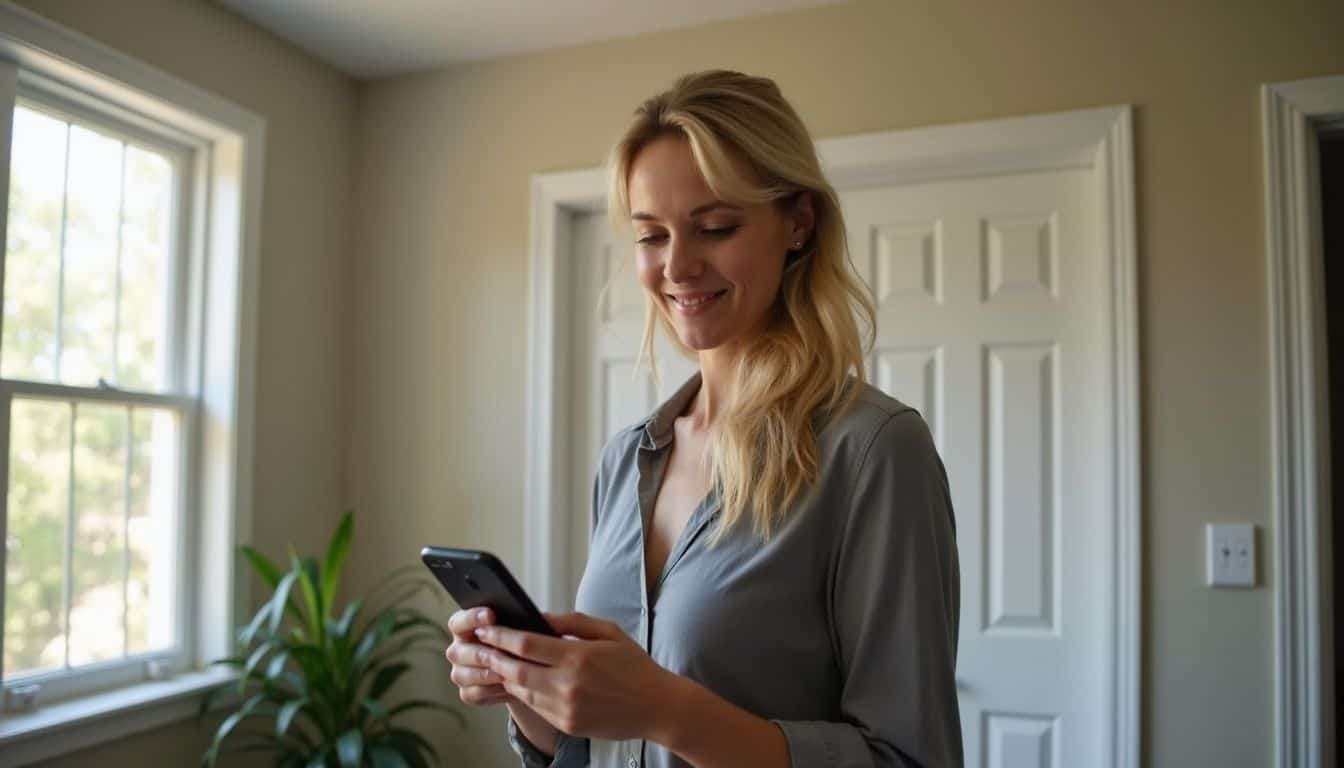 Relaxed woman using smartphone at home, indoor shot, natural light, cheerful mood, casual clothing, modern interior, bright ambiance, comfortable home environment, on-trend lifestyle, digital connectivity.