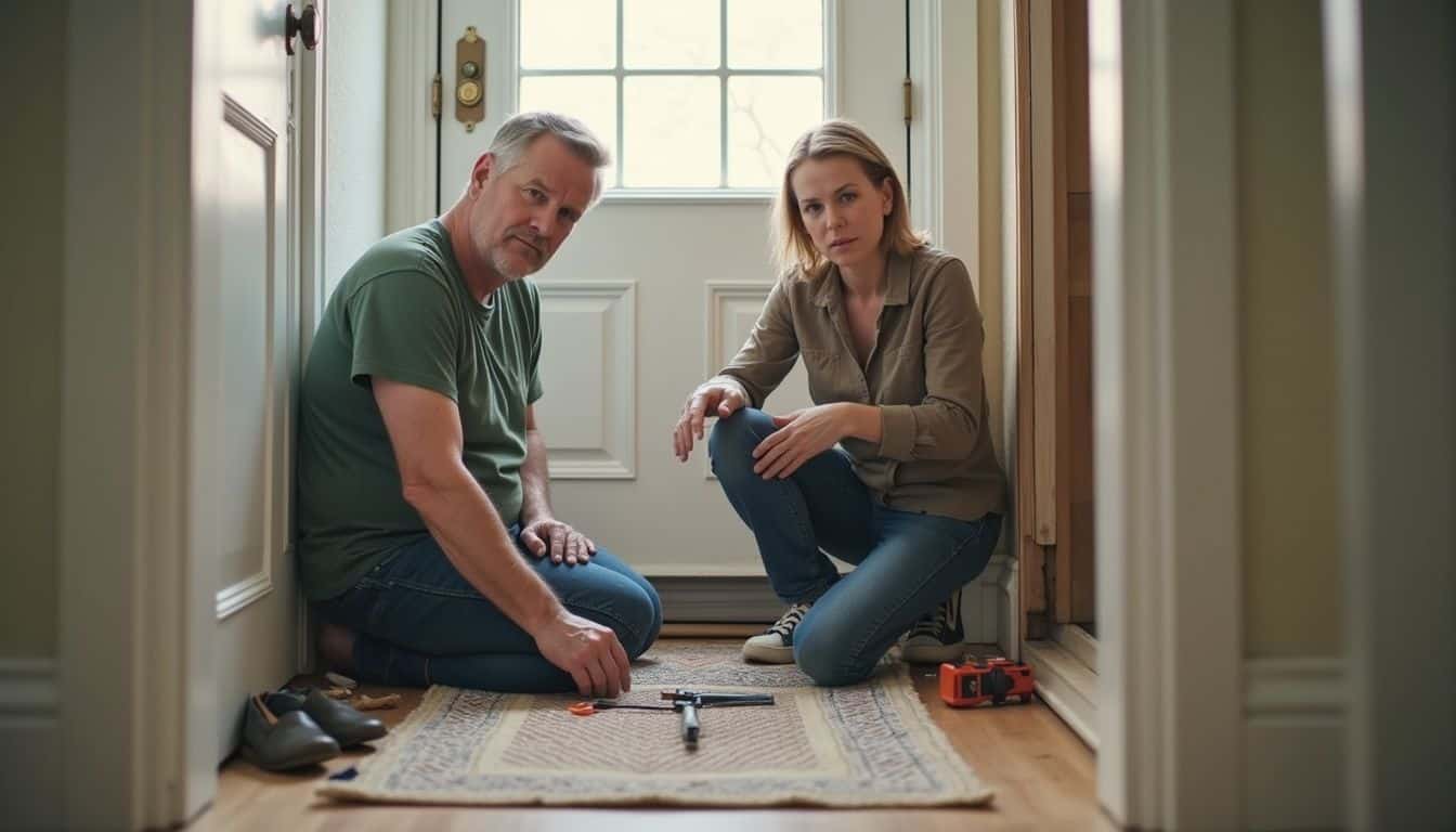 Tools and home repair project, two people working on fixing or installing something in a hallway, home improvement, renovation, maintenance, handyman work, family project, home DIY, repair tools, close-up.