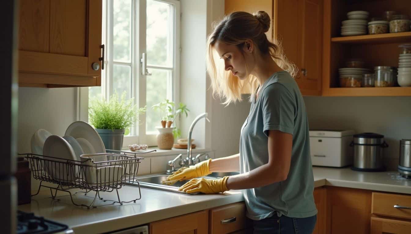 Clean kitchen with woman doing dishes at sunny window, cozy wooden cabinets, and dish rack, fresh herbs for cooking, and organized shelves, perfect for home cooking and kitchen organization, Tidbits of Experience.