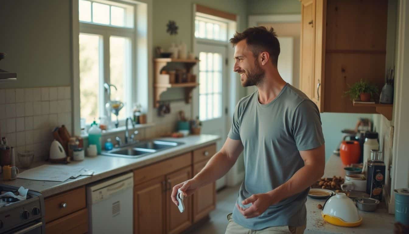 Caucasian man laughing in bright kitchen holding remote control appliances and kitchenware kitchen decor lifestyle photography.