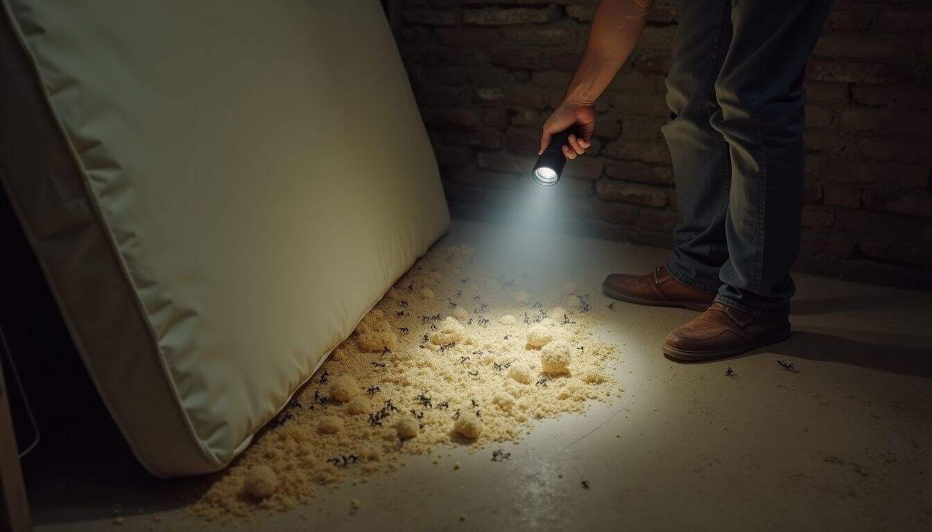 Ants and pests on the floor with a flashlight, pest control inspection at home.