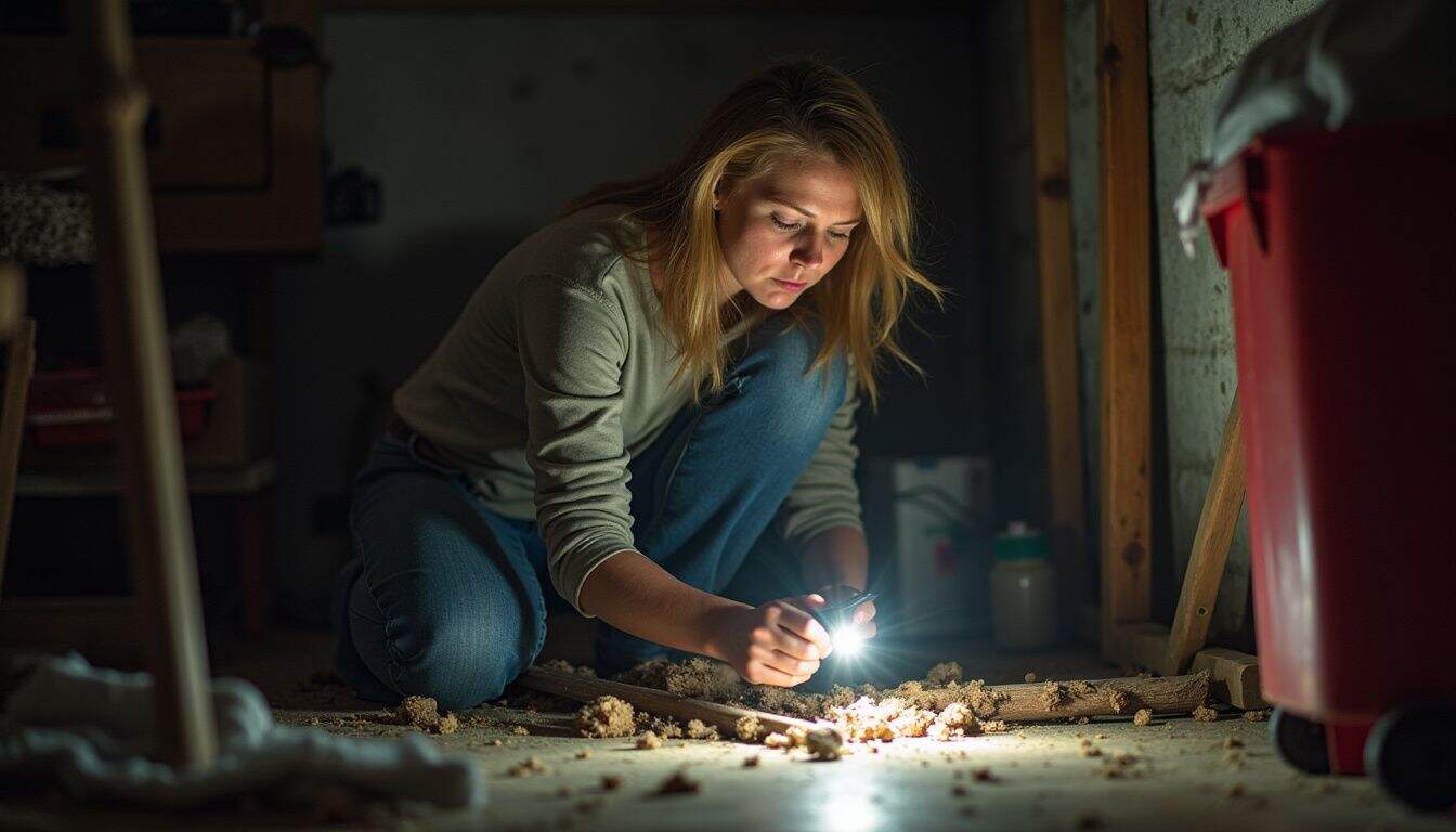 Diy home renovation, woman inspecting floor with flashlight, cleaning debris, basement renovation, home improvement project, focus on craftsmanship, tidbitsofexperience, DIY renovation tips.