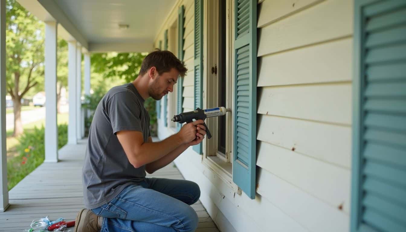 Exterminator applying foam sealant around window on house exterior for pest and bug prevention.
