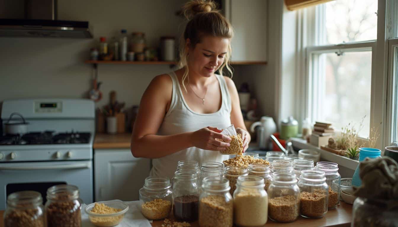 Homemade granola jars in a cozy kitchen with natural light, woman preparing healthy breakfast, organized pantry, nutritious food storage, lifestyle and wellness photography.