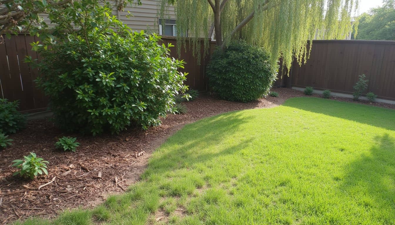 Lush green backyard with well-maintained grass, decorative bushes, and a wooden privacy fence, perfect for outdoor relaxation and gardening.