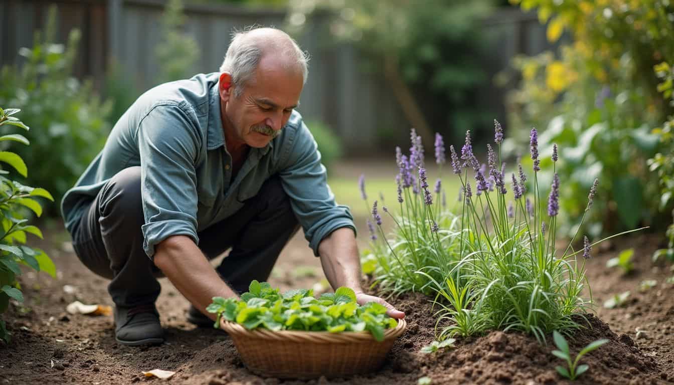 Fresh garden herbs and flowers with mature gardener planting in backyard, relaxing outdoor gardening scene, lush green environment, sustainable gardening tips, gardening for beginners.