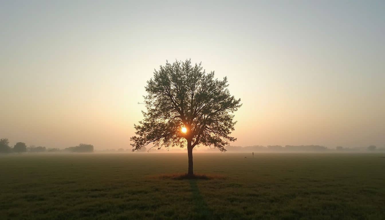 A solitary tree at sunrise in a vast open field, symbolizing serenity and natural beauty. Perfect for nature photography, relaxation, and landscape inspiration.