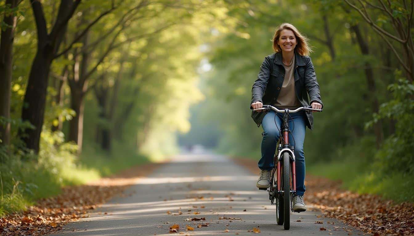 A woman riding a bike on a scenic forest trail during daytime, enjoying outdoor activity and nature.