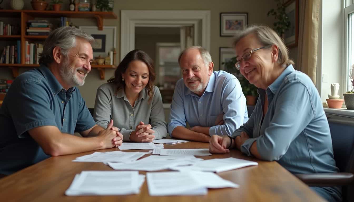 A family of four shares a casual moment in their home office.