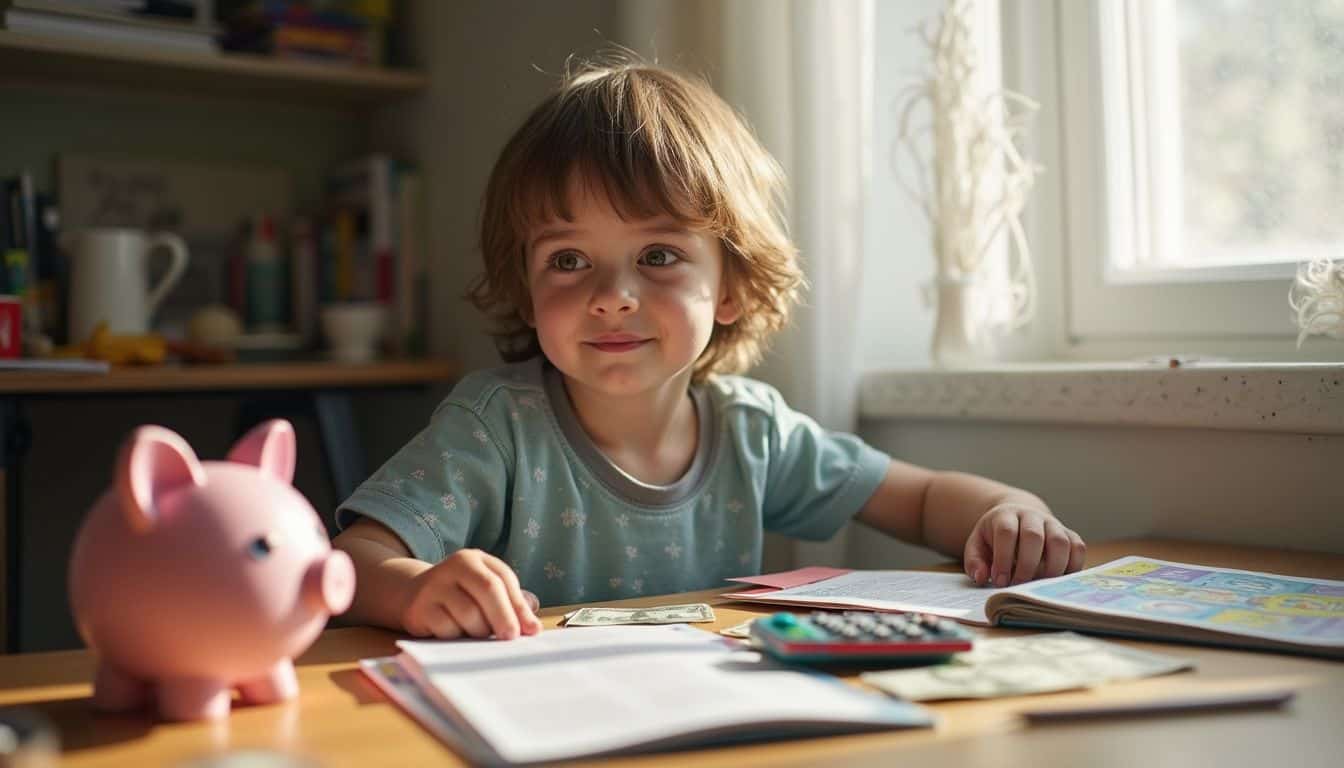 A relaxed child sits at a cluttered desk with money-themed toys.
