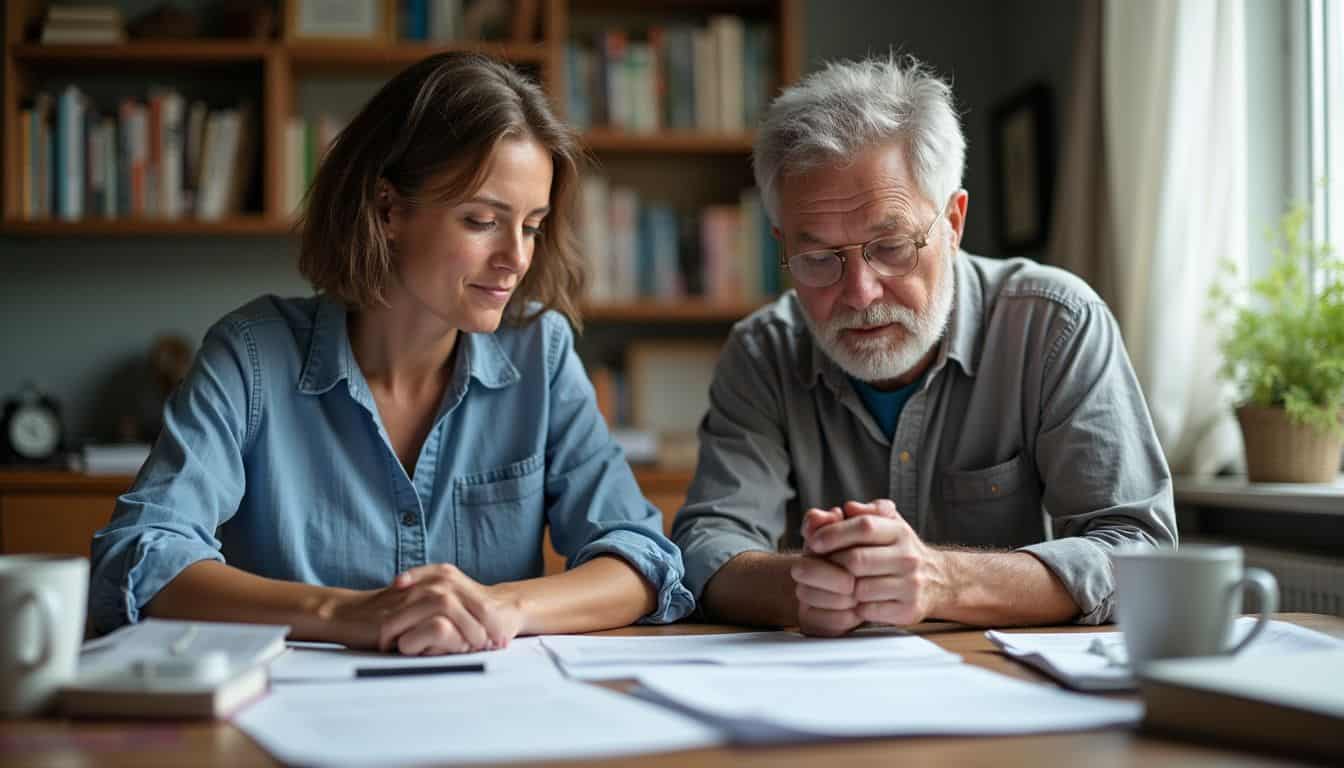A couple reviews family and financial documents in a cluttered home office.