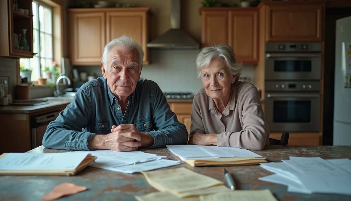 An older couple discusses finances at a cluttered kitchen table.