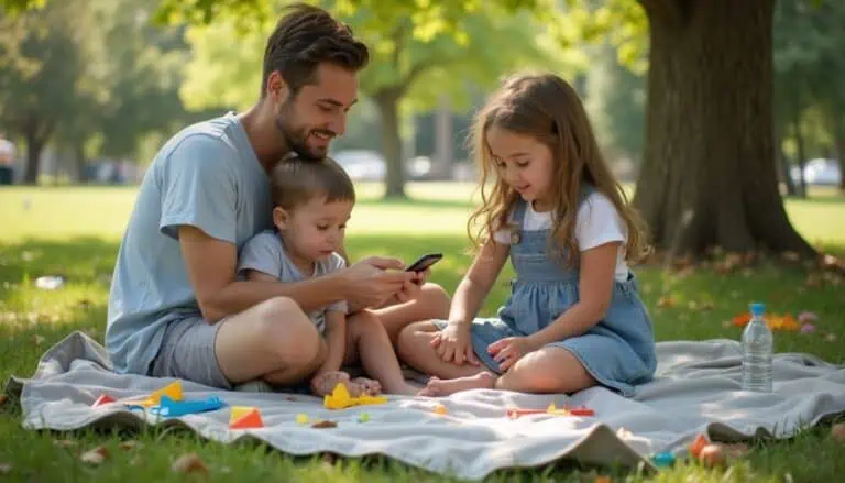Family enjoying outdoor picnic in park with kids playing board games, sunlight, trees, and toys, capturing quality family moments and outdoor activities for blog content.