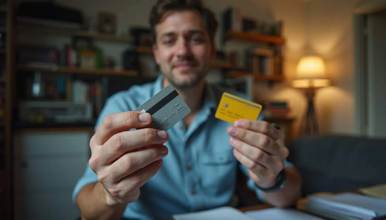 A man in a home office holding two cards while reviewing bills and receipts.