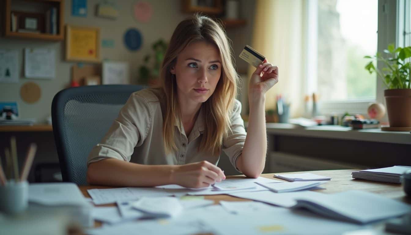 A business owner sorting receipts and invoices with a card in hand, looking stressed.