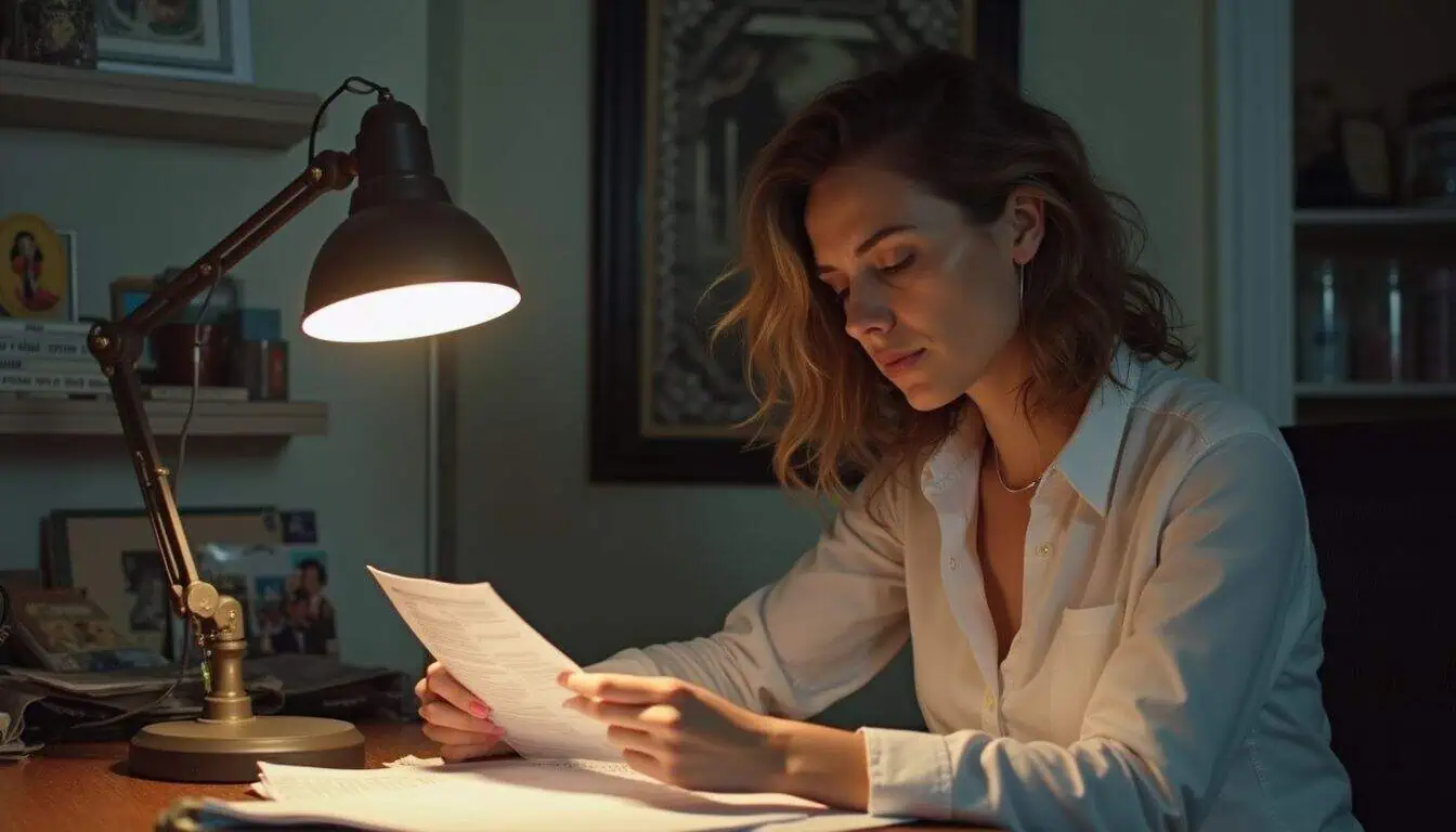 A woman reviewing personal card statements at a home desk covered with mail and receipts.