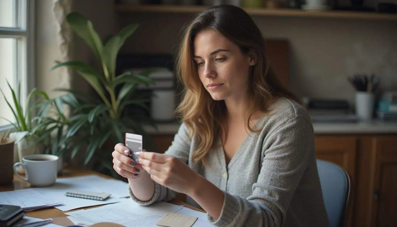A woman comparing two cards while reviewing statements at a crowded desk.