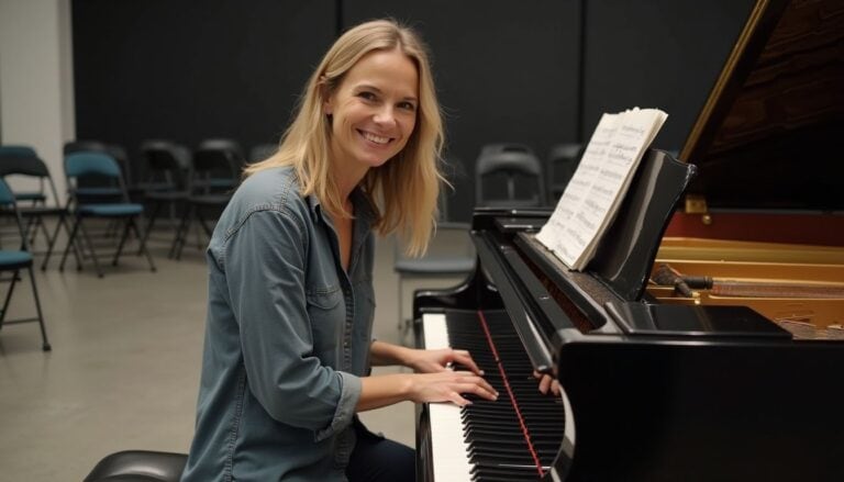 Elegant female pianist playing grand piano in a music rehearsal room, smiling at the camera.