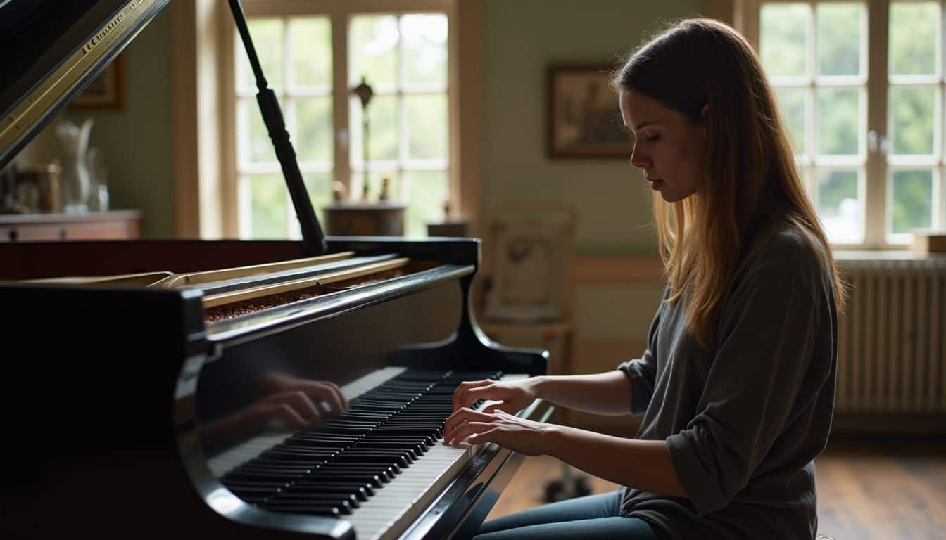 Elegant young woman playing piano in cozy, sunlit room, showcasing musical talent and passion for piano music, perfect for content about art, music, and personal expression.