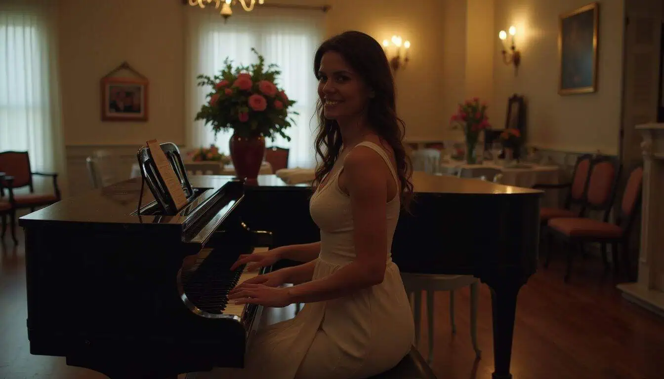 Playing piano in elegant dining room for special occasion or event.