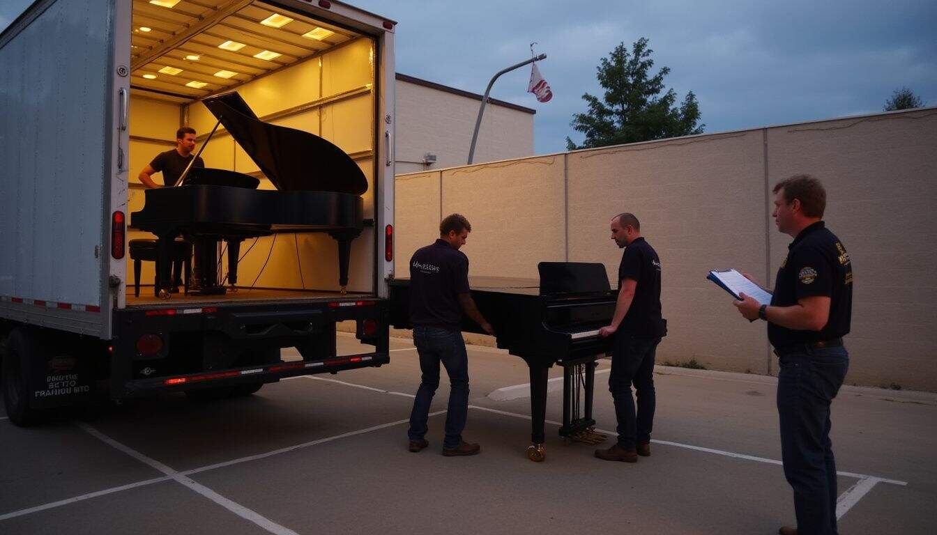 Moving truck with grand piano being unloaded for a music performance.