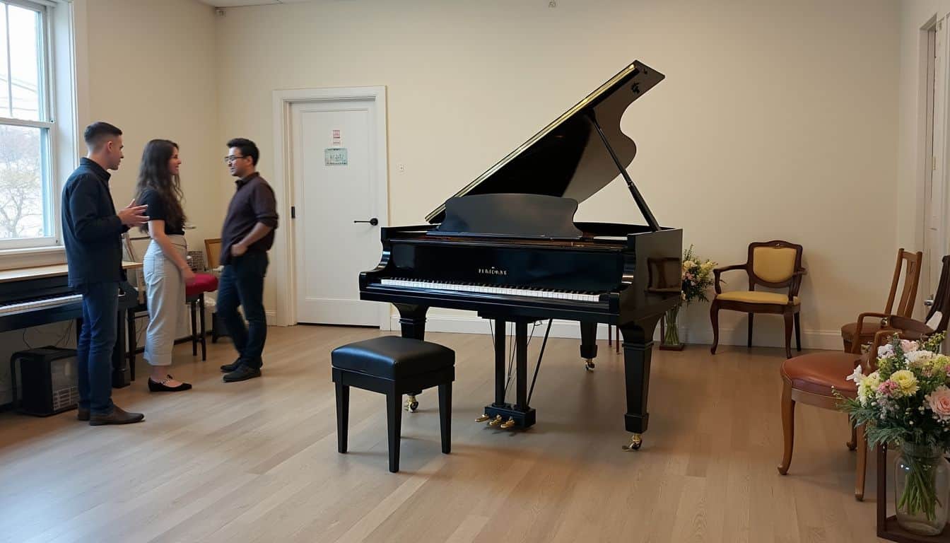 Elegant black grand piano in a well-lit music room with sitting area and floral arrangements, perfect for music lessons, recitals, or practice sessions.